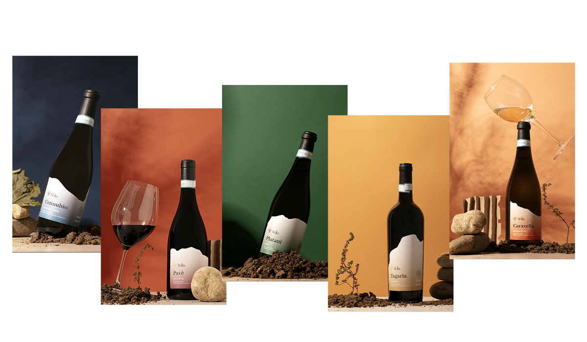 Alcune etichette di vini Vella realizzata dal team di graphic designer di Industria01.